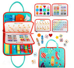 A colorful montessori busy book for preschool learning, featuring various interactive elements like latches, zippers, and possibly a felt tool box for portability.