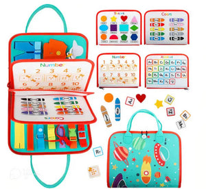 A colorful montessori busy book for preschool learning, featuring various interactive elements like latches, zippers, and possibly a felt tool box for portability.