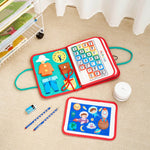 lifestyle product photos of montessori busy book opened on floor