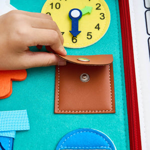 montessori busy book and pocket sensory toy product in action actual product page