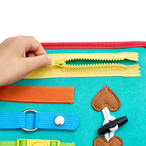 montessori busy book product photos with zipper in action inside of the sensory toy product page